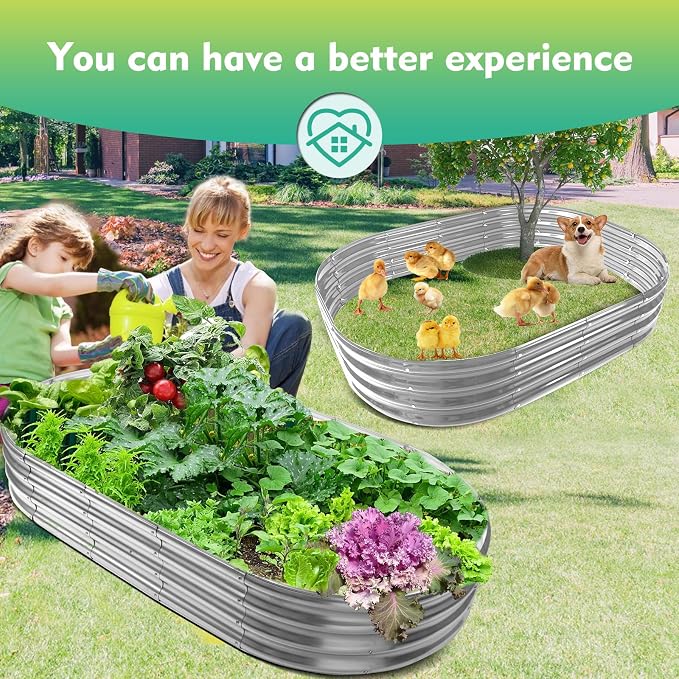 12" Tall Oval-Shaped / Elliptic Metal Raised Garden Bed Outdoor Silver | 72X36X12 Inch,1 FT Tall,0.8MM Thick Galvanized Metal Painted,for Variety of Flowers,Herbs,Vegetables.with Gloves,Tool free
