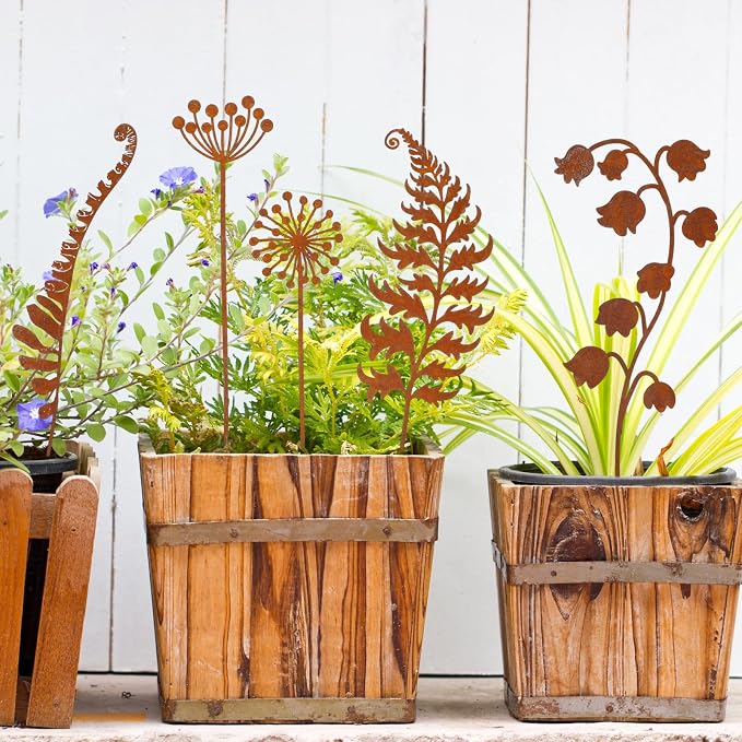 12 Pack Rusty Metal Garden Stakes, Rustic Garden Decor Decorative Metal Wildflower for Outside Plants Stakes Iron Art Outdoor for Lawn Yard Walkway