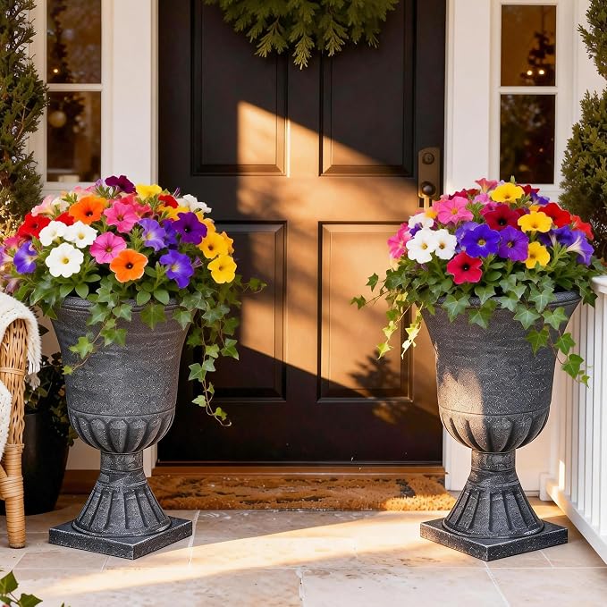 Autodaya 22" Handmade Washed Black Urn Planters Set of 2 Plastic Pots | Handmade Washed Black Finish, Large Weather-Resistant Planters for Porch, Garden, Patio, or Indoor Use