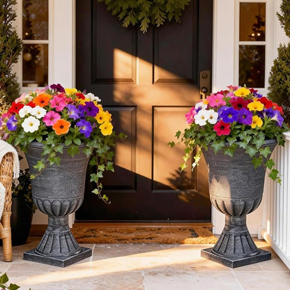 Autodaya 22" Handmade Washed Black Urn Planters Set of 2 Plastic Pots | Handmade Washed Black Finish, Large Weather-Resistant Planters for Porch, Garden, Patio, or Indoor Use