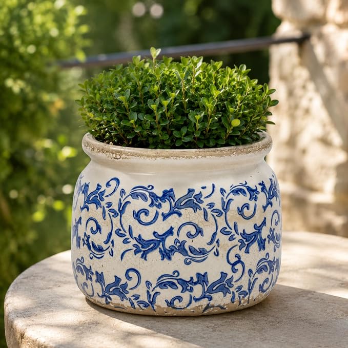 Dosayes Large Ceramic Pot for Planters, Ice Crack Glazed Flower Pot with Drainage Holes,5.91inch Vintage Planters for Indoor and Outdoor (Blue)