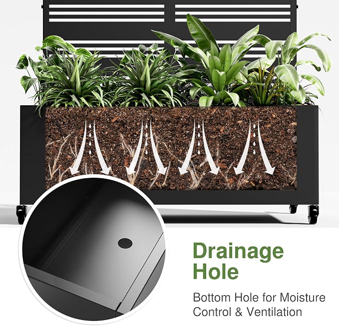 Casaphoria Metal Raised Garden Bed with Trellis and Wheels, 72"x35"x16" Planter Box for Climbing Plants, Vegetables & Vines, Features Drainage Holes and Privacy Screen (Black-Harold)