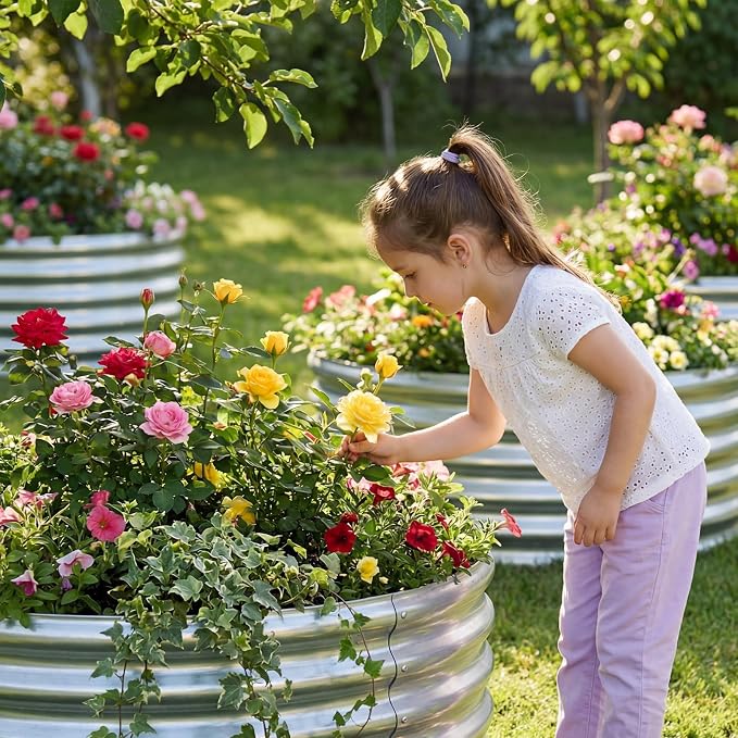 AHEONLAR 3PCS 2x2x2FT Galvanized Raised Garden Bed Kit Round Metal Flower Box Large Planter Raised Beds Outdoor Garden for Planting,Fruit,Herb Silver