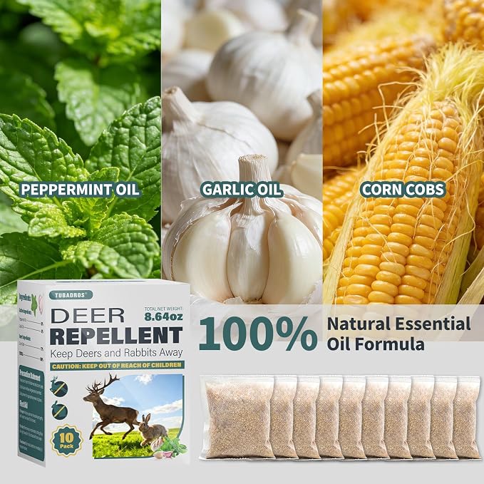 Deer & Rabbit Repellent Pouches, 10-Pack, Long-Lasting Outdoor Protection, Natural Peppermint & Garlic Oil Formula, Safe for Family & Pets, Weather-Resistant for Gardens, Lawns & Landscapes