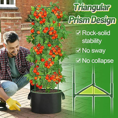 ANPHSIN Sturdy Triangle Tomato Cage with Movable 7 Gal Grow Bags - 3 Sets 47'' Plants Garden Trellis Planters, Support for Indoor Outdoor Beans, Peppers, Eggplants, Climbing Vegetables