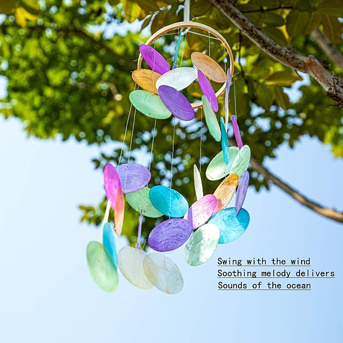 YU FENG 19.6 Inch Capiz Seashell Wind Chimes, Coastal Garden Decor | Hand Painted Metal Mobile, Rainbow Shell Design, Outdoor Hanging Ornament, Patio Yard Home Window Decoration