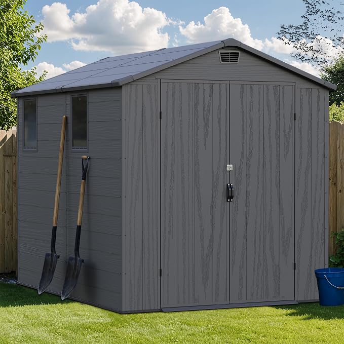 Greesum 6x8FT Plastic Outdoor Storage Shed with Floor, Resin Sheds with Lockable Double Door, Tool Sheds with Window and Vents, for Garden, Yard, Patio, Dark Gray