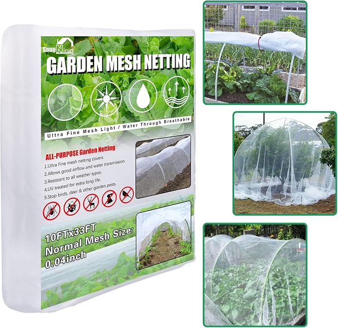 SnugNiture Garden Netting 10x33FT Ultra Fine Mesh Mosquito Netting Plant Covers, White Bird Netting Barrier Greenhouse Row Cover Protect Fruits Flower Vegetables from Birds Deer & Squirrels