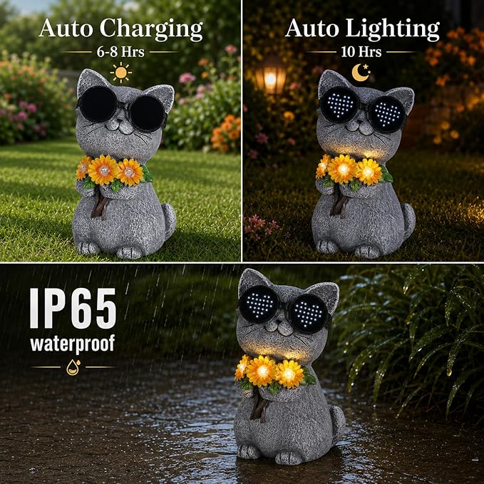 Solar Garden Statues Cat with Daisy and LED Lights Birthday Gifts for Women Mom Grandma Solar Outdoor Decor for Patio Backyard Yard Lawn Decoration-Unique Housewarming Gifts