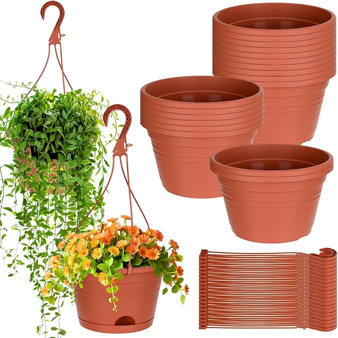 Roshtia 20 Pcs 10 Inch Hanging Baskets for Plants Large Plastic Hanging Basket Pots with Drainage Trays Self Watering Planter Pots for Outdoor Indoor Plants Flowers Garden Balcony (Brown)