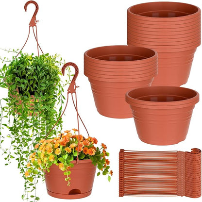 Roshtia 20 Pcs 10 Inch Hanging Baskets for Plants Large Plastic Hanging Basket Pots with Drainage Trays Self Watering Planter Pots for Outdoor Indoor Plants Flowers Garden Balcony (Brown)