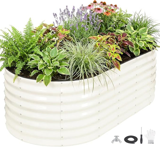 24" Tall Galvanized Raised Garden Bed Outdoor, 6x3x2ft Deep Metal Planter Box with Safety Edging & Support Bars, Large Oval Raised Beds for Gardening Plants Vegetables Herbs Flowers (White)