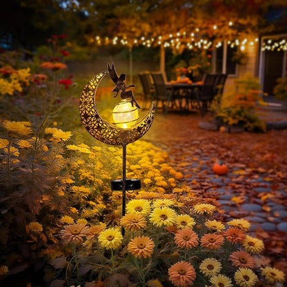Fairy Garden Solar Lights Outdoor Decor, Moon Garden Stakes, Waterproof Outdoor Metal Decorations Gifts for Women and Mom, Art Moon Sculpture for Walkway, Yard, Patio, Garden and Porch, 1 Pack