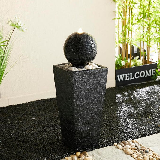 Glitzhome Outdoor Water Fountain with LED Light & Pump, Black Pedestal Sphere Fountain Decorative Water Fountains, Modern Waterfall Floor Fountain with Pebbles for Garden Patio Decor Porch, 31.75”H