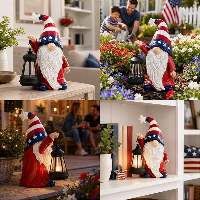 Solar Patriotic Gnome Lantern Statue, 9.4" Independence Day Garden Decor, American Flag Gnome Outdoor Decorations for Patio, Yard, Porch, and Lawn; Memorial Day and 4th of July Decor