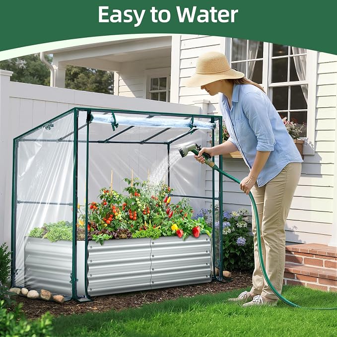 Ohuhu Raised Garden Bed with Cover Outdoor, 4x2x1 FT Galvanized Metal Planter Box with PVC Greenhouse Cover, Protects Plants from Frost Birds Insects, 3-in-1 Gardening Set for Vegetable Flower Herb