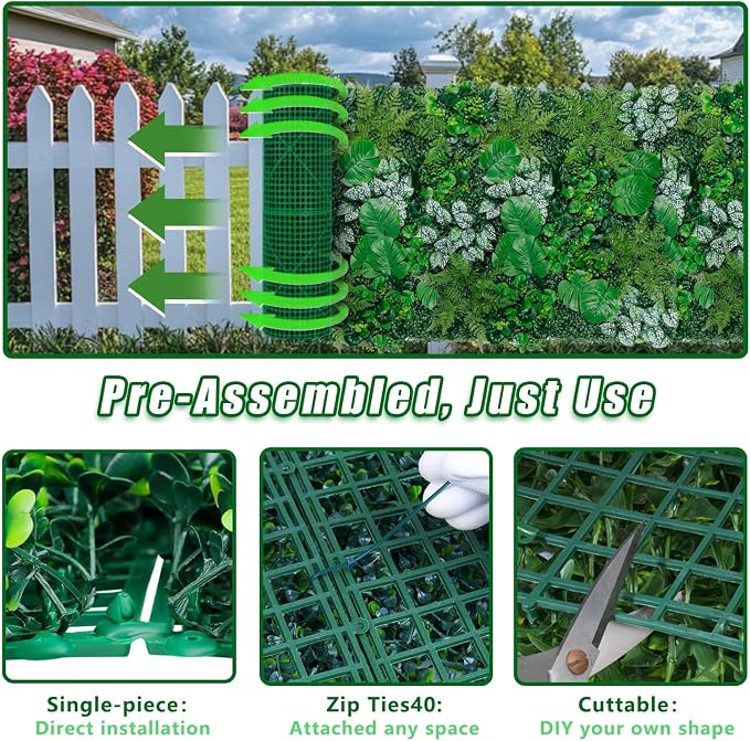 Grooy Artificial Boxwood Panels, 40"x120"(33.33 SQFT) Grass Wall Panels with Monstera Leaves,Privacy Hedge Fence Screen with UV Protection,Fake Greenery Backdrop for Indoor Wedding