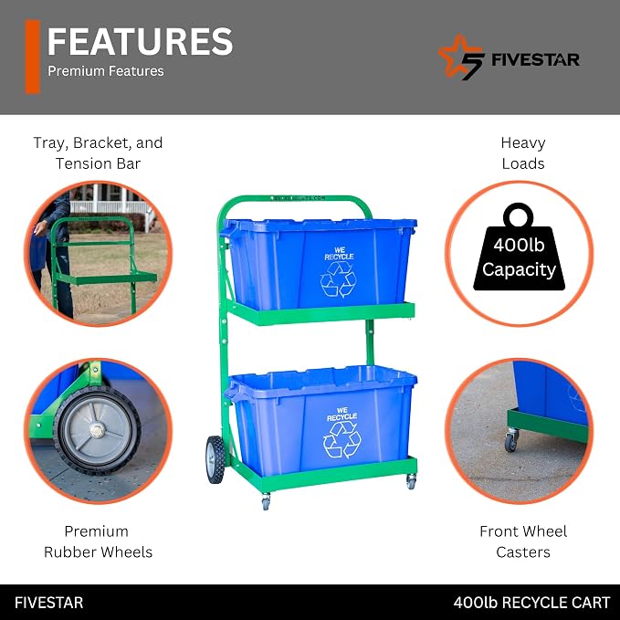 FIVESTAR 400 lb. Capacity Heavy-Duty Recycle Bin Cart with Aluminum Frame and Recycle Bin Trays and Four Wheels