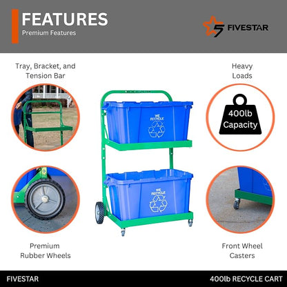 FIVESTAR 400 lb. Capacity Heavy-Duty Recycle Bin Cart with Aluminum Frame and Recycle Bin Trays and Four Wheels