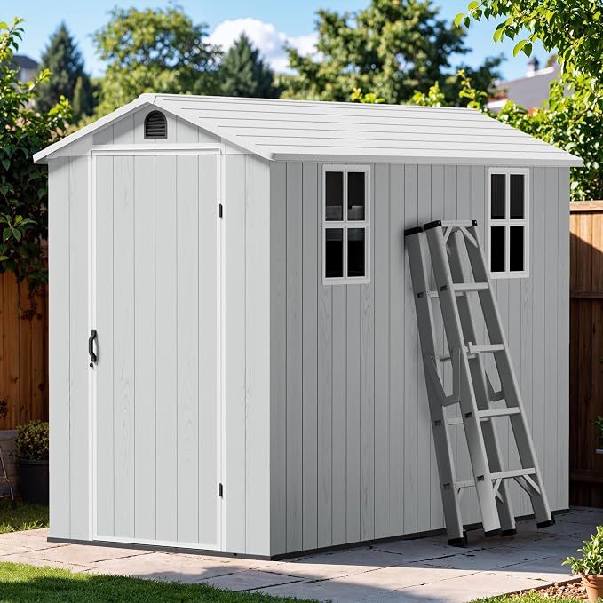 Greesum 4x8FT Plastic Storage Shed with Floor, Resin Outdoor Storaged Sheds with Lockable Door, All Weather Tool Shed with Window and Vent, Easy Assembly for Yard, Patio, Garden, Light Gray