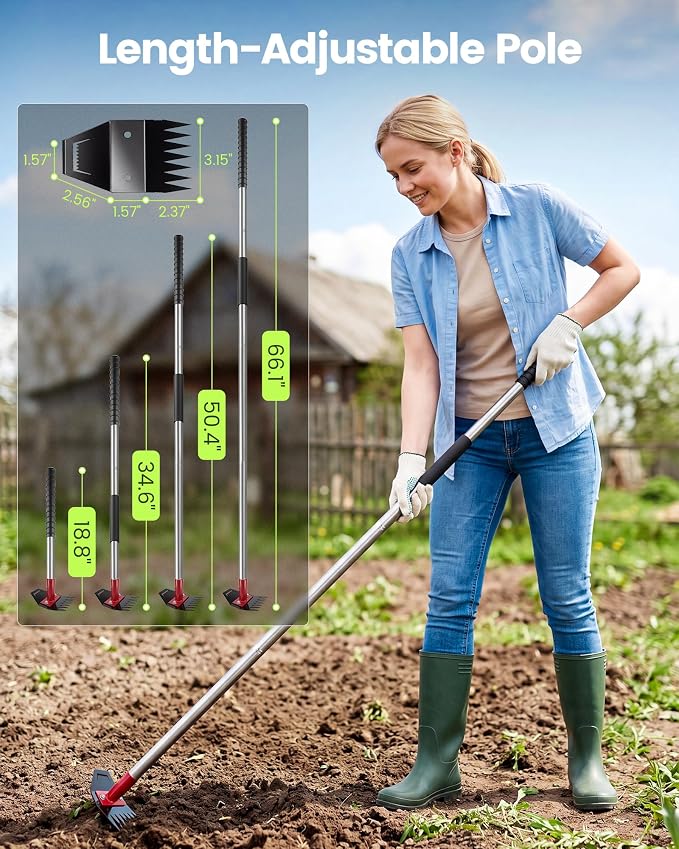Weed Puller Tool with Long Handle, 2-in-1 Gardening Weeds Remover Tool , 66-Inch Adjustable Handle, Manual Weeding Puller for Garden, Yard, Patio, Law
