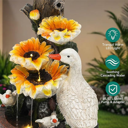AUTODAYA 19" Sunflower & Duck Water Fountain Indoor Outdoor with LED Lights | 4-Tier Cascading Waterfalls, Rustic Decor for Garden, Yard, Patio, Flowerbed & Farmhouse