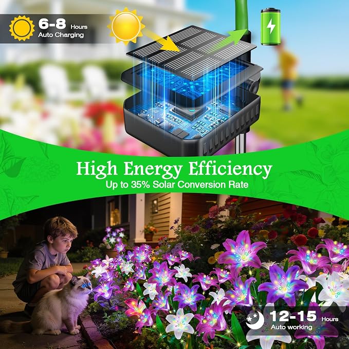 Solar Lights Outdoor Garden Decor - 10 Pack Solar Flowers with 50 Heads Colorful Lily Lights & Glowing Stems, Brighter Waterproof Decorative Garden Lights for Yard, Patio, Flower Bed, Gifts
