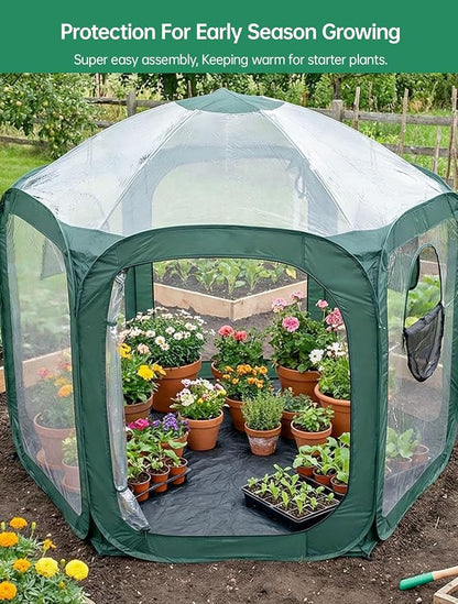 Porayhut Pop up Greenhouse Tent,Portable Large Walk-in Plant House 10’X10’ ,Indoor Outdoor Gardening Plant Sunshine Room with PVC Mesh Cloth Cover for Protecting Plant from Cold Frost & Birds