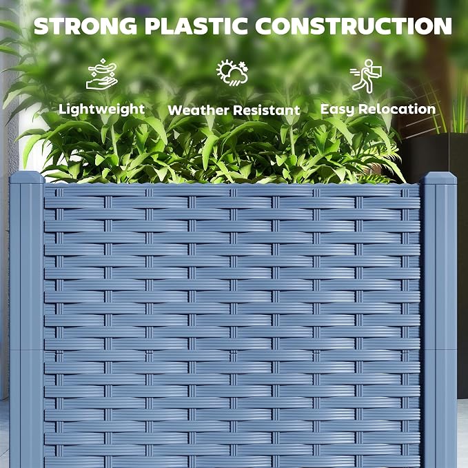 Outsunny 4 x 1 x 1 ft Raised Garden Bed, Indoor Outdoor Plastic Planter Box with Drainage Holes, Drain Plugs and Water Reservoirs for Vegetables, Herbs, Flowers & Succulents, Blue