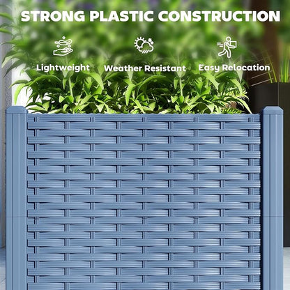 Outsunny 4 x 1 x 1 ft Raised Garden Bed, Indoor Outdoor Plastic Planter Box with Drainage Holes, Drain Plugs and Water Reservoirs for Vegetables, Herbs, Flowers & Succulents, Blue