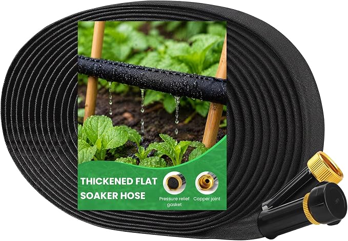 MIXC 2026 Thickened Flat Soaker Hose 50Ft with Copper Joint, Saving 80% Water, Aluminum Seal, 1mm Hose, 360°Swival Handle, Hole Pressure Relief Gasket, Drip Kit for Vegetable Garden, Lawn, Flower Bed