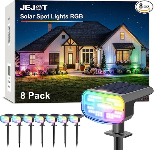 JEJOT Color Changing Solar Spot Lights Outdoor Waterproof IP65,8 Lighting Modes Multicolor RGB Christmas Spotlight for Porches Yard Gardens Landscape Deconrations-8 Pack