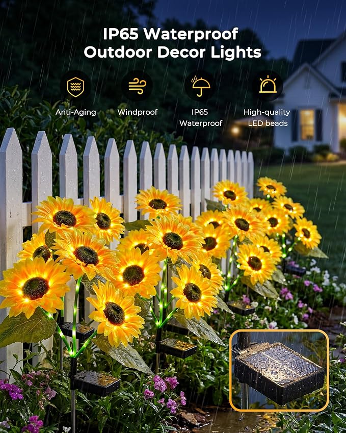 Brightown 6 Pack 3 Head Solar Sunflower Garden Stake Lights Waterproof | 18 glowing stem sunflowers, waterproof solar powered, auto on off decorative stakes for yard, patio, lawn outdoor decoration