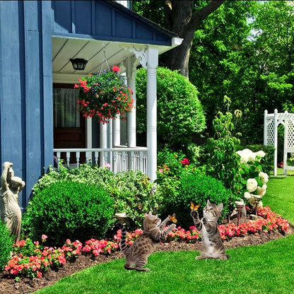 Set of 2 Metal Cat Garden Stakes, Realistic Cats Playing with Butterflies, Outdoor Yard Lawn Patio Decor
