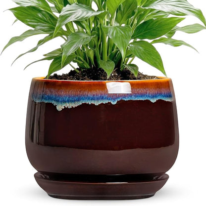 Ceramic Planter - 7 Inch Plant Pots with Drainage Hole and Saucer, Decorative Pots for Indoor Plants, Round Rustic Flower Pot, Office Home Decor, Gifts for Plant Lovers Women, Brown-Blue