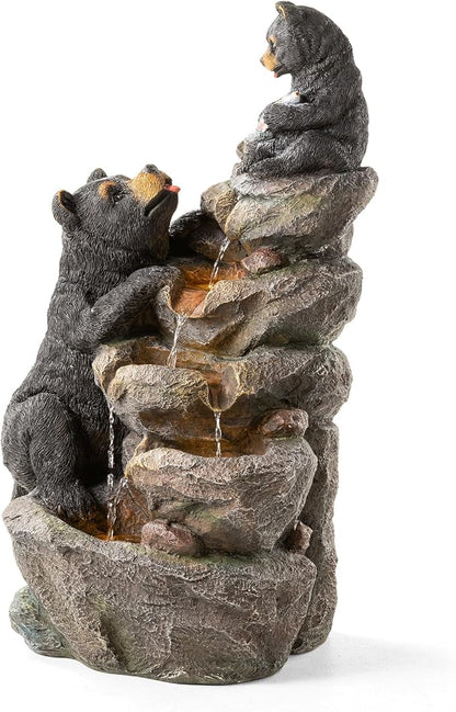Glitzhome Water Fountain Outdoor, Outdoor Fountain with Lights & Pump, 30.5" H 4-Tiered Mom and Baby Bear Polyresin Cascading Waterfall Floor Standing Water Feature for Garden, Patio, Yard, Deck