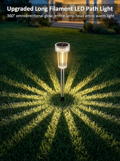 DERAYSION 12 Pack Solar Pathway Lights Outdoor, Solar Powered Garden Lights Auto On/Off, Waterproof Stainless Steel Pole Landscape Lighting for Path, Yard, Walkway, Driveway Decor - Warm White