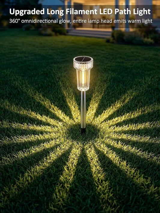 DERAYSION 12 Pack Solar Pathway Lights Outdoor, Solar Powered Garden Lights Auto On/Off, Waterproof Stainless Steel Pole Landscape Lighting for Path, Yard, Walkway, Driveway Decor - Warm White