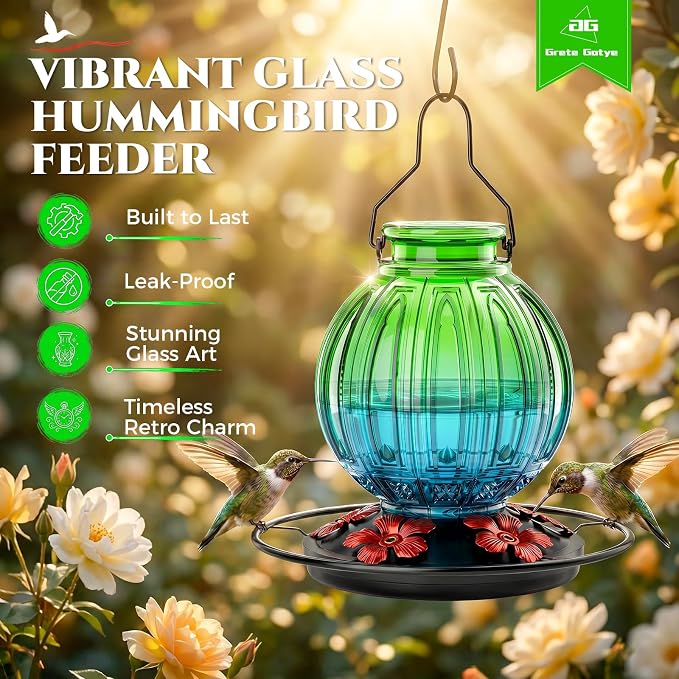 Glass Hummingbird Feeder for Outdoors Hanging, Bird Nectar Feeder with Perch & 5 Flower Feeding Ports, 26 Oz Leak Proof for Outside Garden Decor Backyard, Gifts for Women Mom, Green & Blue