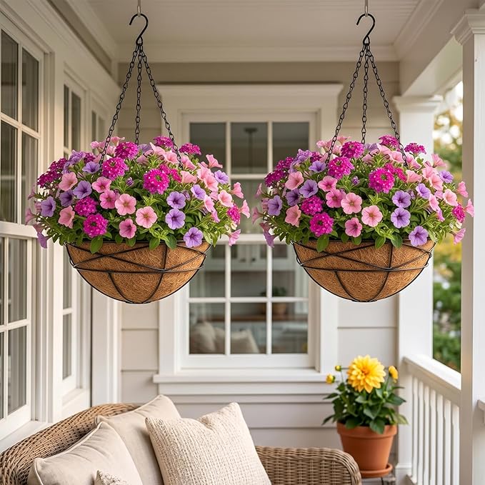 2 Pack 14 Inch Hanging Flower Baskets for Outdoor Plants Large Metal Wire Planters with Coco Liner Pot for Home Planting Round Watering Plant Holders for Outside Garden