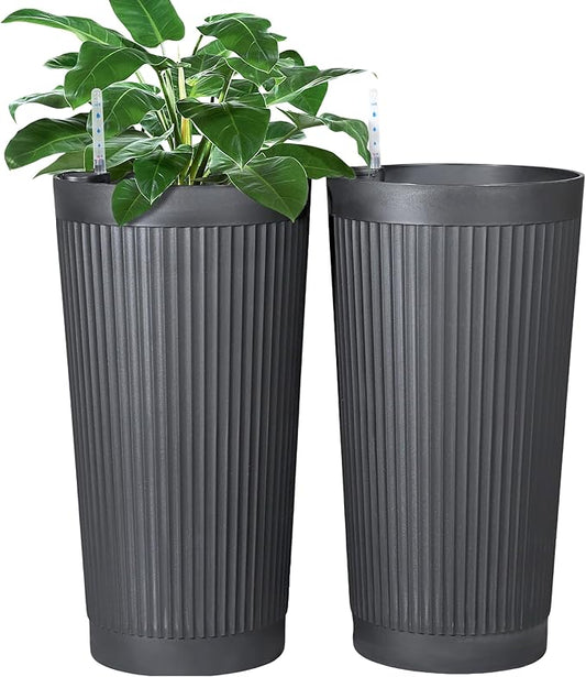 FENCY Self Watering Tall Planters Set of 2, Gray Round | 24 Inch, with Water Level Indicator& Spacious Reservoir, Plastic Tapered Pots, Weather-Resistant, Front Door Decor