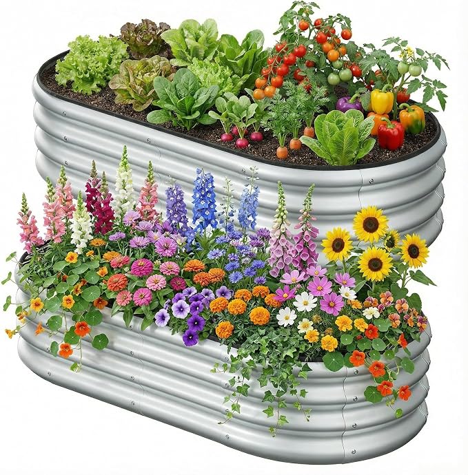 2PCS 4x2x1 FT Oval Metal Raised Garden Bed Kit, Open Bottom Design Elevated Garden Planter Box Outdoor, Trough Planter for Outdoor Plants, Flower, Vegetables, Fruit, Herbs (Silver)