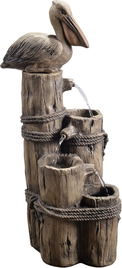 Teamson Home 35.42" 4-Tier Pelican and Driftwood Pier Post Outdoor Cascading Water Fountain, Brown | Pelican and Wooden Post, Pump for Outdoor Patio Garden Backyard Decking, 35 Inch Height, Brown