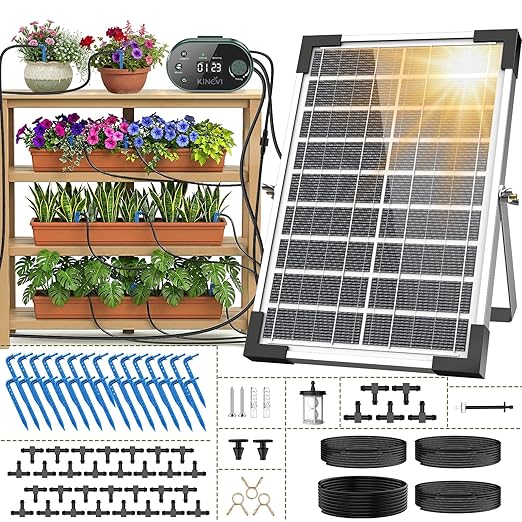 Solar Drip Irrigation System, 8W Powered Auto Watering Kit for 30 Pots, HD LED Display with 22 Timing Modes, Anti-Siphoning & IPX5 Waterproof, Suitable for Outdoor Garden, Balcony & Greenhouse