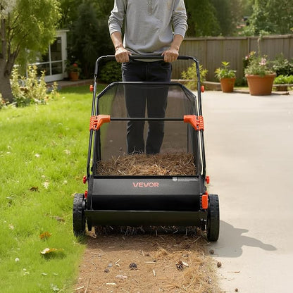 VEVOR Push Lawn Sweeper 26 in Leaf & Grass Collector 7 cu. ft. Hopper Bag | Heavy Duty Yard Sweeper with Adjustable Brush Height, Spinning Brushes, Rubber Wheels for Leaves Grass Cleanup, Black/Orange