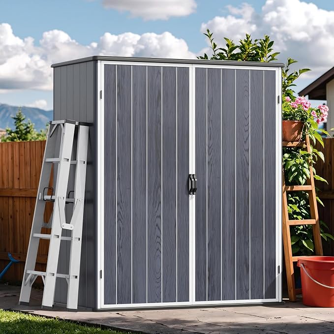 Devoko 5x3 FT Resin Storage Shed with Floor, Small Plastic Vertical Outdoor Cabinet with Lockable Door, Waterproof Tool Garden Shed for Backyard Patio Lawn, Dark Gray