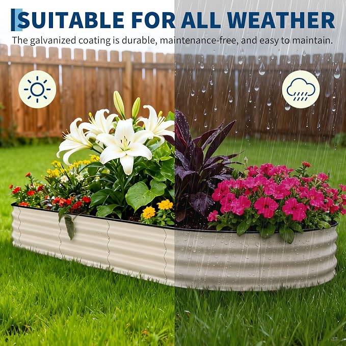 Garvee 8x4x1.5ft Galvanized Raised Garden Bed, Oval Metal Planter Box with Anti-Cut Safety Edges, 359 Gallons Rust-Resistant Deep Root Planter for Outdoor Vegetables, Flowers, Herbs, Beige