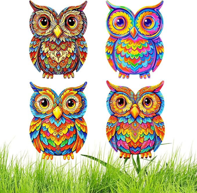 Junware Metal Owl Wall Decor, 4Pcs Owl Iron Wall Art Sculptures Hanging Sculpture Decoration. Outdoor Fence Art for Home Garden, Fence, Patio, Yard, Bedroom Outside Gifts for Adults