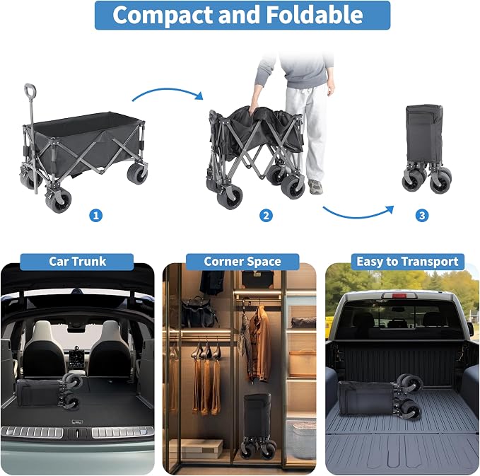 YSSOA Collapsible Folding Wagon, Beach Wagon with Big Wheels, Heavy Duty Foldable Utility Cart, Portable Garden Cart with Adjustable Handle, Foldable Grocery Cart for Camping Sports