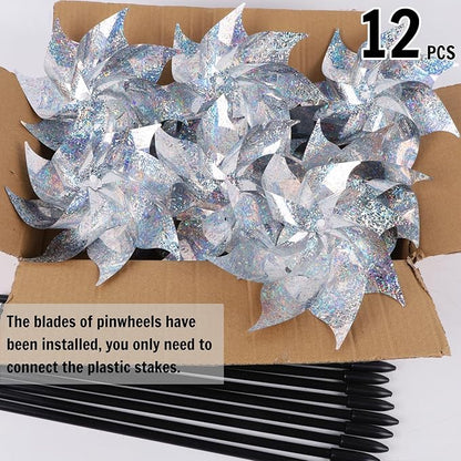 Hausse 12 Pack Reflective Pinwheels with Stakes (Pre-Assembled), Extra Sparkly Pin Wheel for Garden Decor, Bird Repellent Devices Deterrent to Scare Birds Away from Yard Patio Farm, Silver